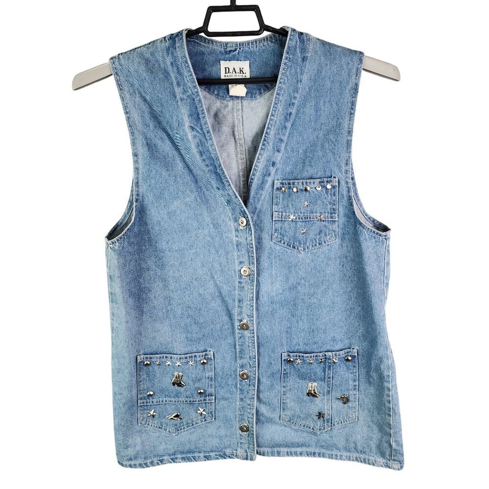 Women's Vintage D.A.K. Denim Vest With Embellished Pockets & Buttons Size M